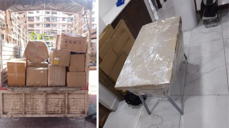 House Shifting from Adyar Chennai - Professional Packers and Movers loading furniture and boxes into a closed container truck on a tree-lined Adyar street