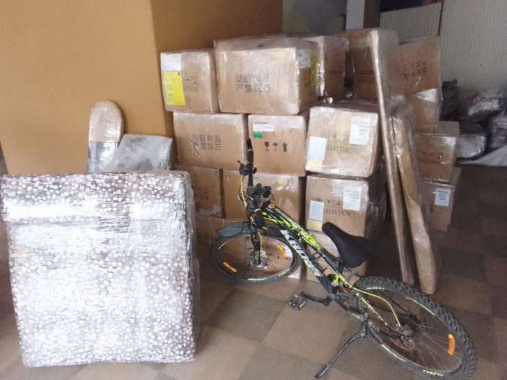 Chennai to Pune Household Goods Packing - Stacked Cartons, Wrapped Mattress, Bicycle & Disassembled Furniture Staged for Shifting