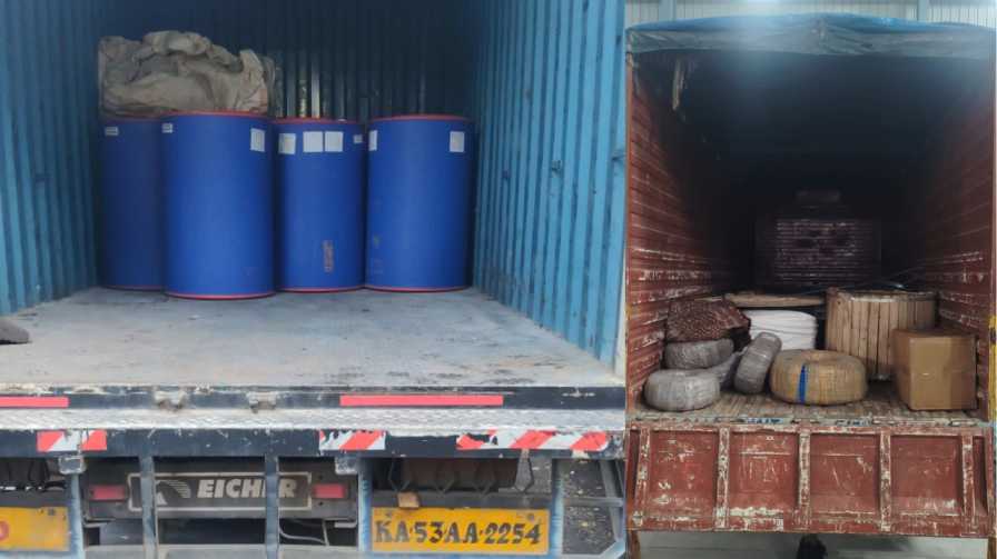 Real on-ground container truck loading and cargo securing for Chennai to Madurai relocation showing Eicher sealed container and reinforced crating