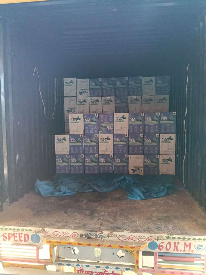 Inside view of closed container truck loaded with stacked Rock on Ride cartons for Chennai to Rajahmundry relocation